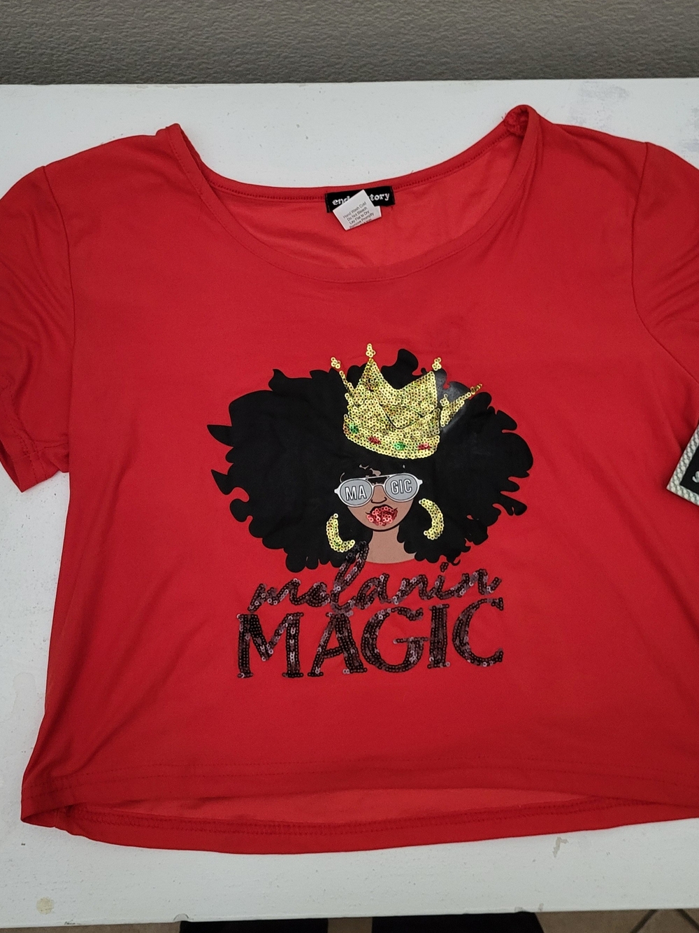 Red End Of Story 'Melanin Magic' Graphic Tee with Gold Sequin Chest  NWT X